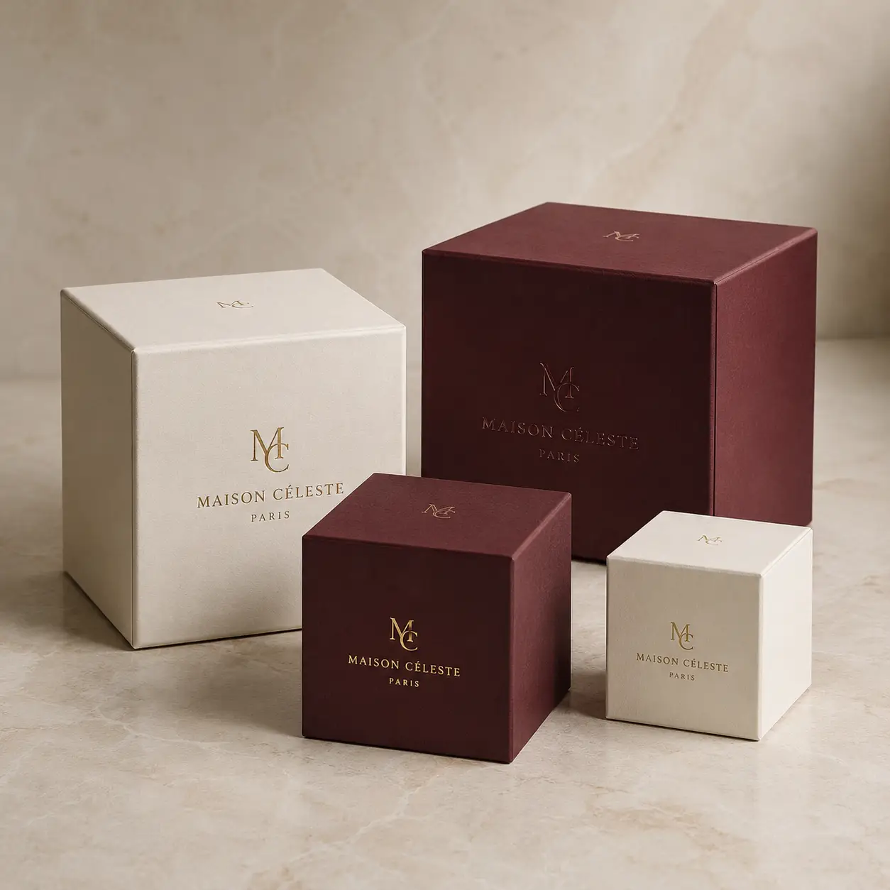 Luxury Maison Céleste Paris gift boxes in cream and burgundy velvet with gold foil monogram logo, elegant packaging set