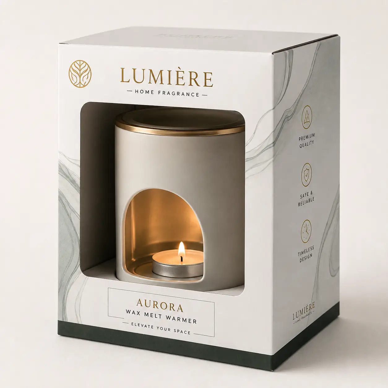Lumière Aurora wax melt warmer in white gold luxury packaging box with lit tealight candle, premium home fragrance gift