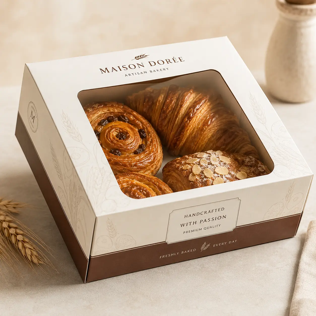 Maison Dorée artisan bakery gift box with clear window displaying croissants and pastries, cream and brown premium packaging design