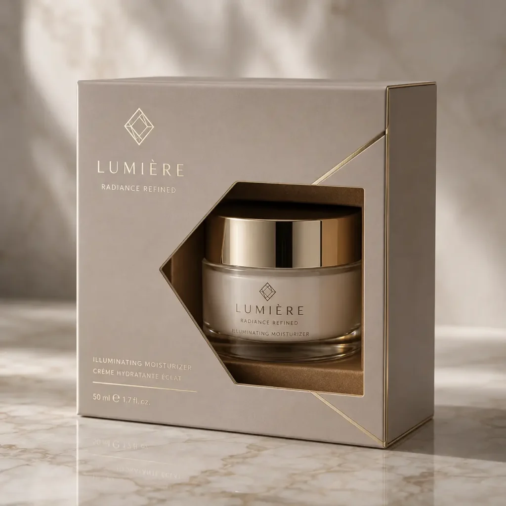 Lumière Radiance Refined luxury skincare packaging, beige gold moisturizer box with diamond window, marble surface, premium cosmetic design