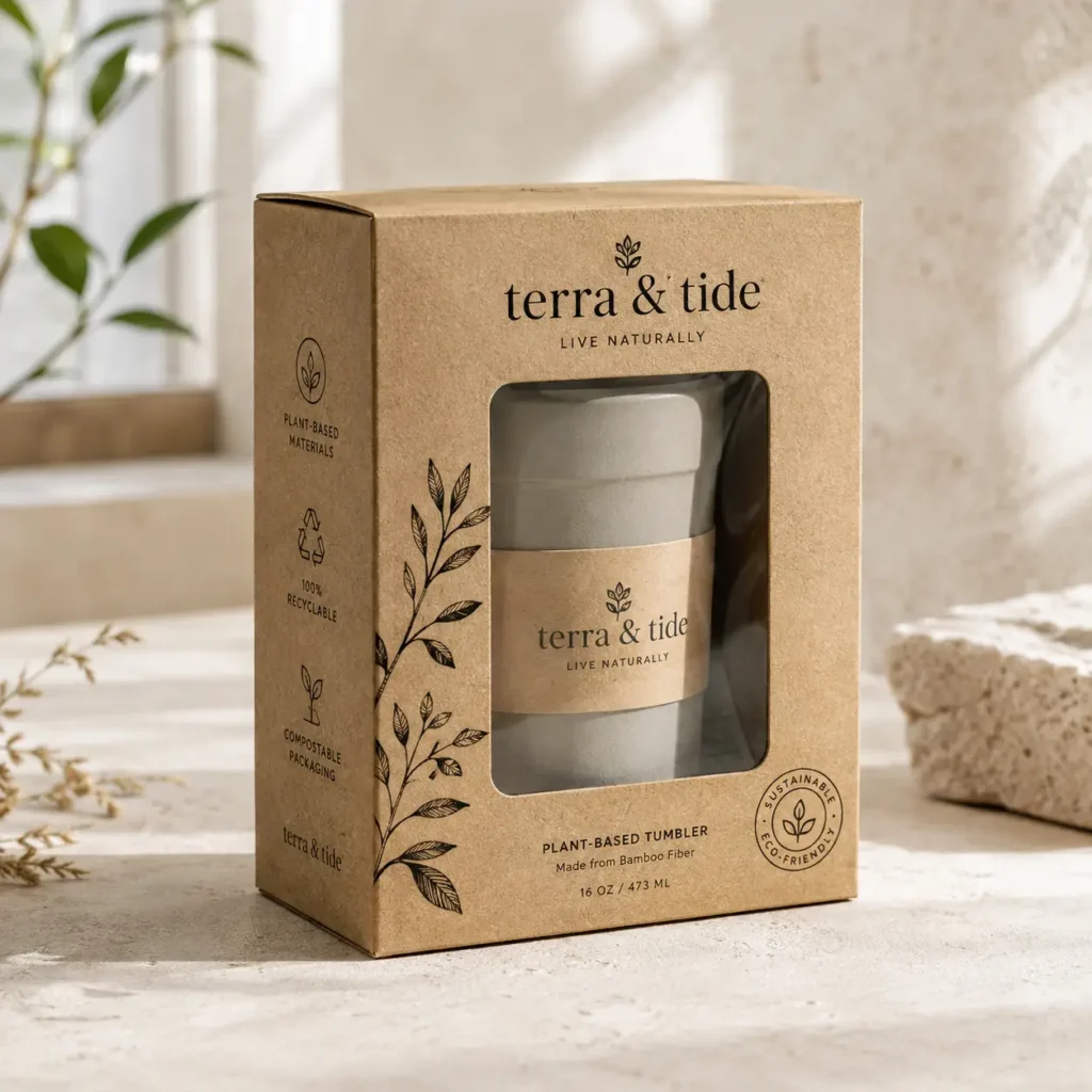 Kraft eco-friendly packaging box with window displaying gray bamboo fiber tumbler, Terra & Tide plant-based 16oz sustainable product