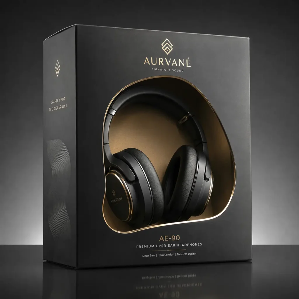 Aurvané AE-90 premium over-ear headphones luxury black gold packaging box with window display, signature sound branding