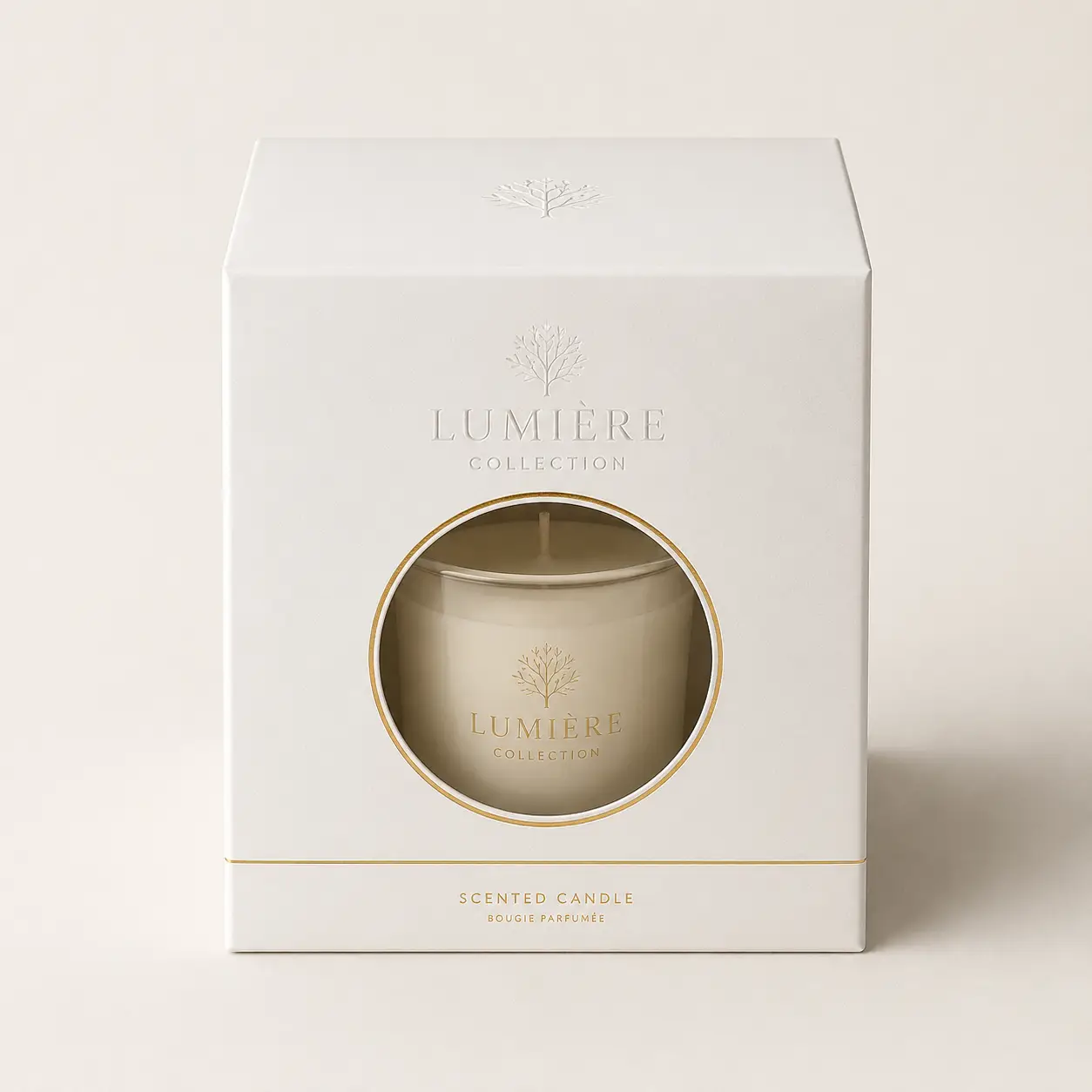 Lumière Collection luxury scented candle in white gift box with gold trim and circular window display, bougie parfumée packaging