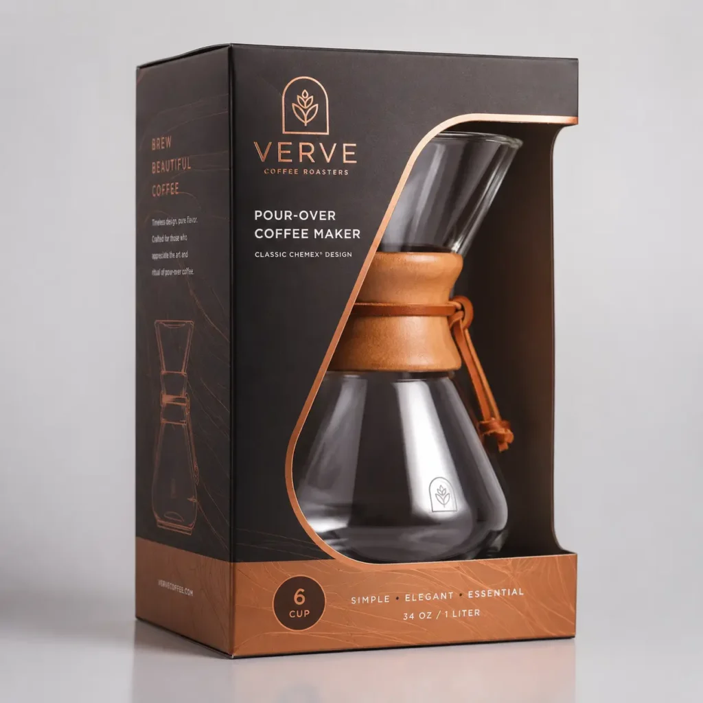 Verve Coffee Roasters pour-over Chemex coffee maker in dark brown gift box with copper accents, 6-cup 34oz packaging