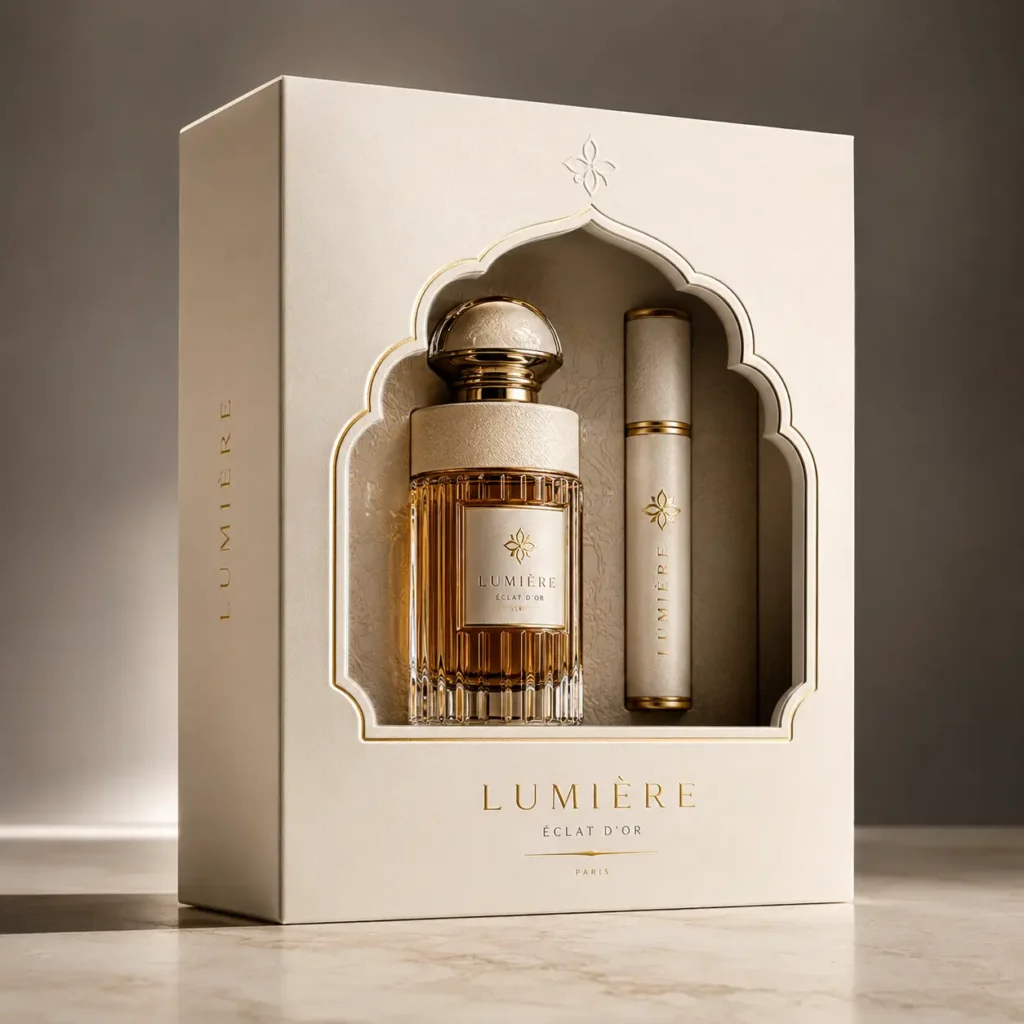 Lumière Éclat d'Or Paris luxury perfume gift set packaging, cream gold Moroccan arch box with crystal bottle and travel spray
