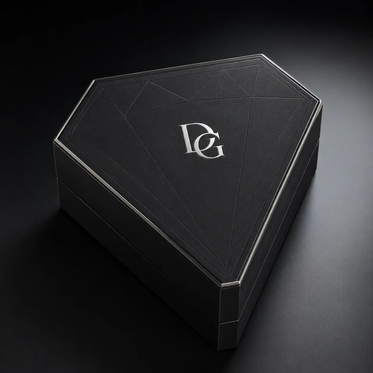 Luxury black diamond-shaped rigid gift box with silver DG monogram logo, geometric faceted lid design, premium packaging dark background