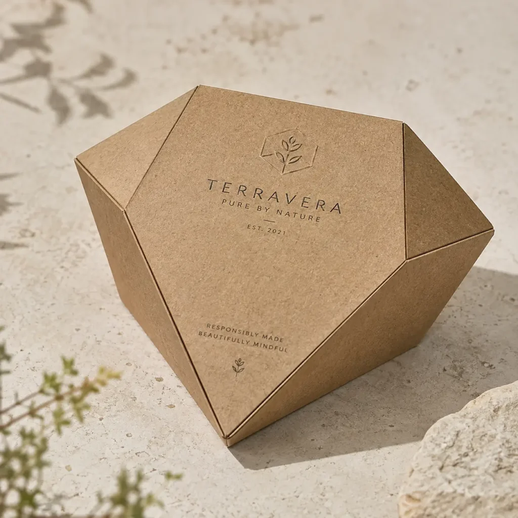 Terravera kraft paper geometric diamond-shaped eco-friendly luxury packaging box on stone surface with natural plant shadows
