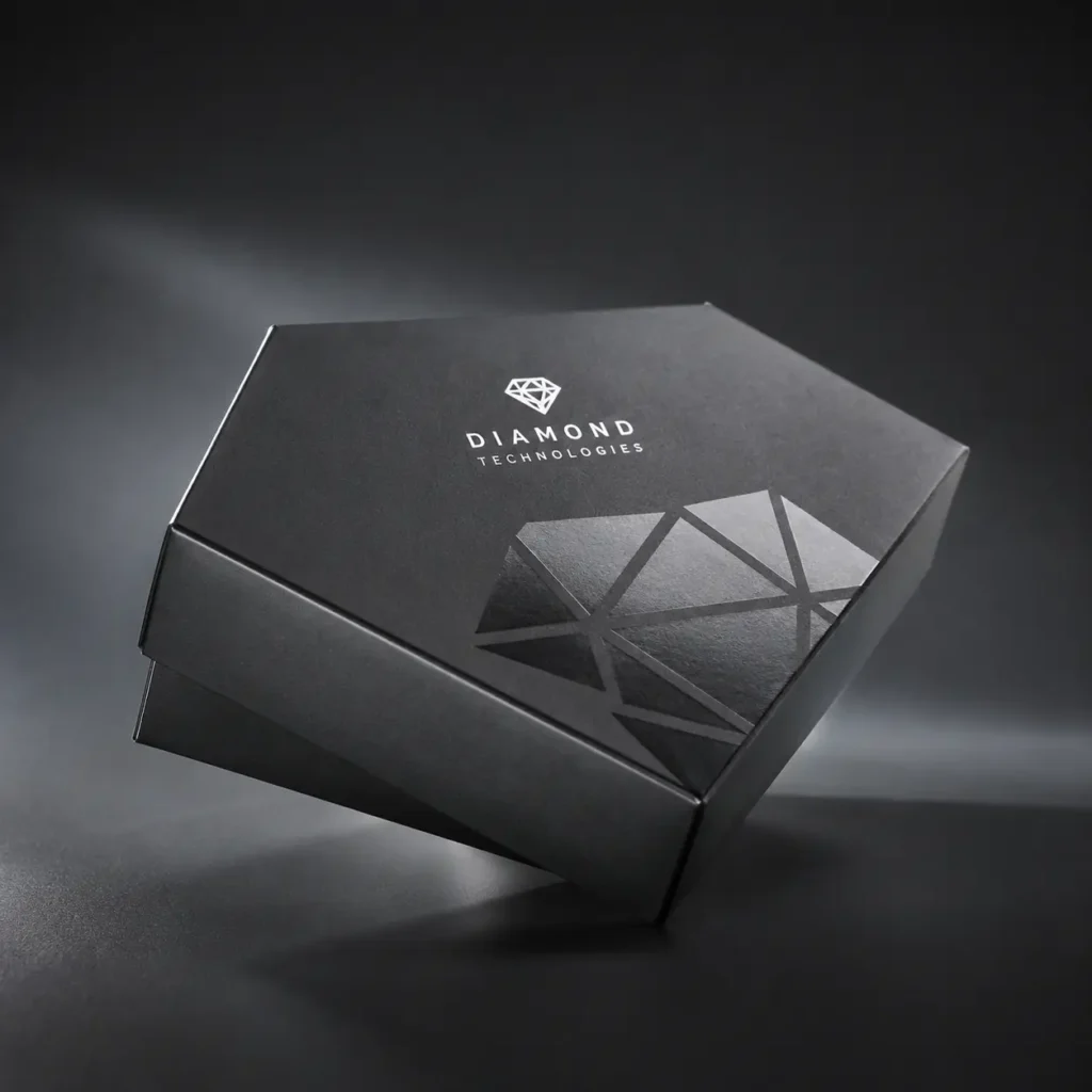 Luxury black hexagonal rigid box with silver Diamond Technologies logo and geometric foil pattern, premium custom packaging design