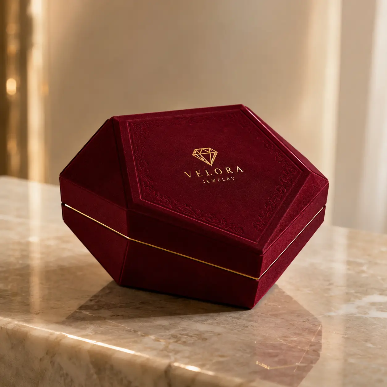 Luxury deep red velvet jewelry box with gold Velora logo, geometric diamond shape, displayed on marble surface