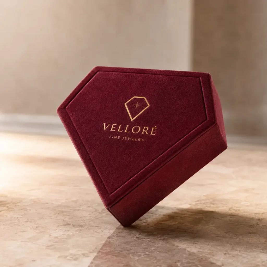 Luxury deep red velvet diamond-shaped jewelry box with gold Velloré Fine Jewelry logo on marble surface