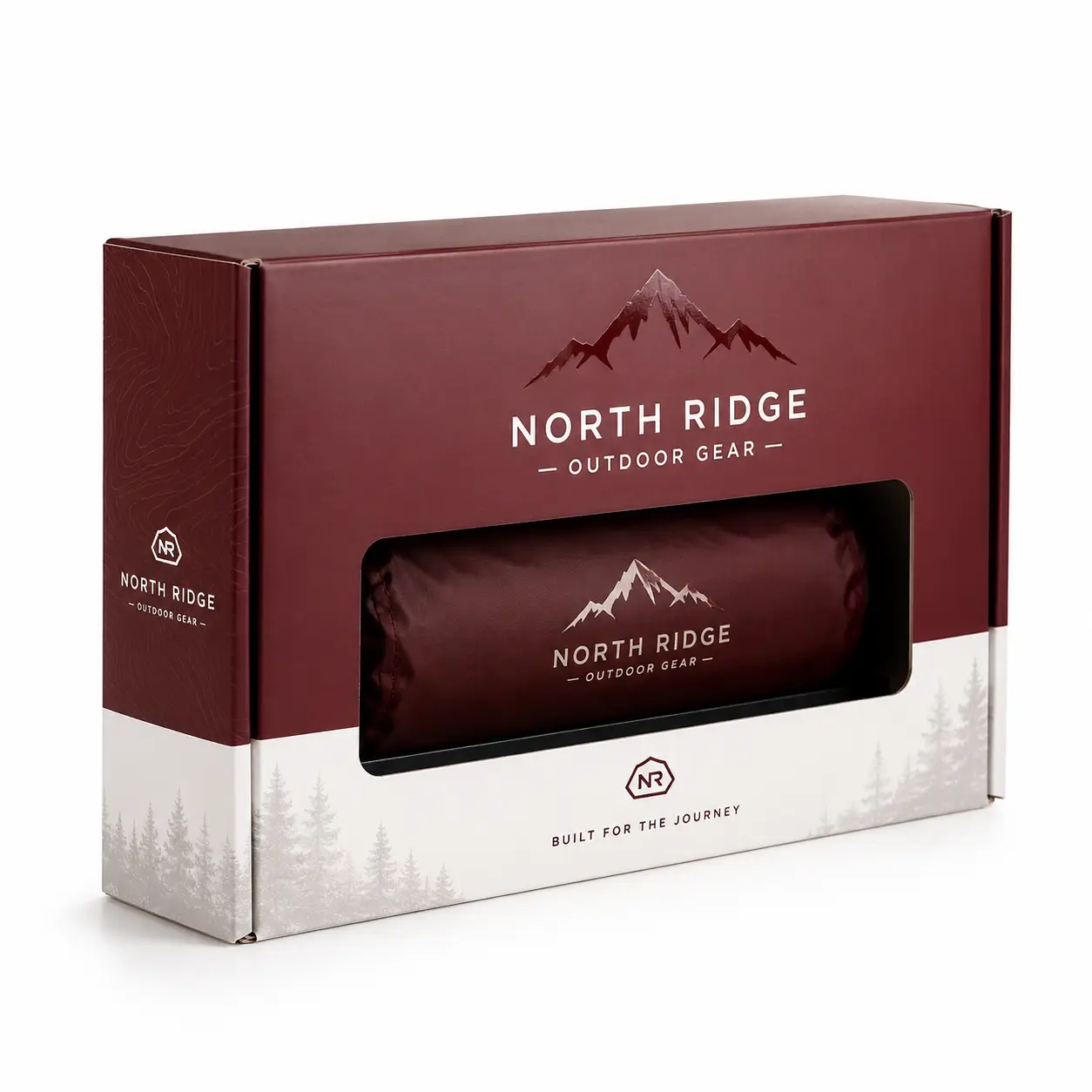 North Ridge Outdoor Gear burgundy gift box packaging with window display, built for the journey, premium outdoor gear branding