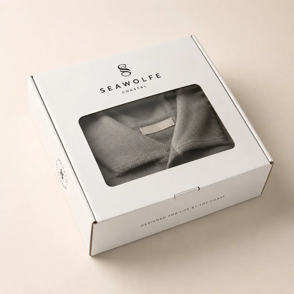 Seawolfe Coastal white gift box packaging with clear window displaying folded gray garment, elegant branding design