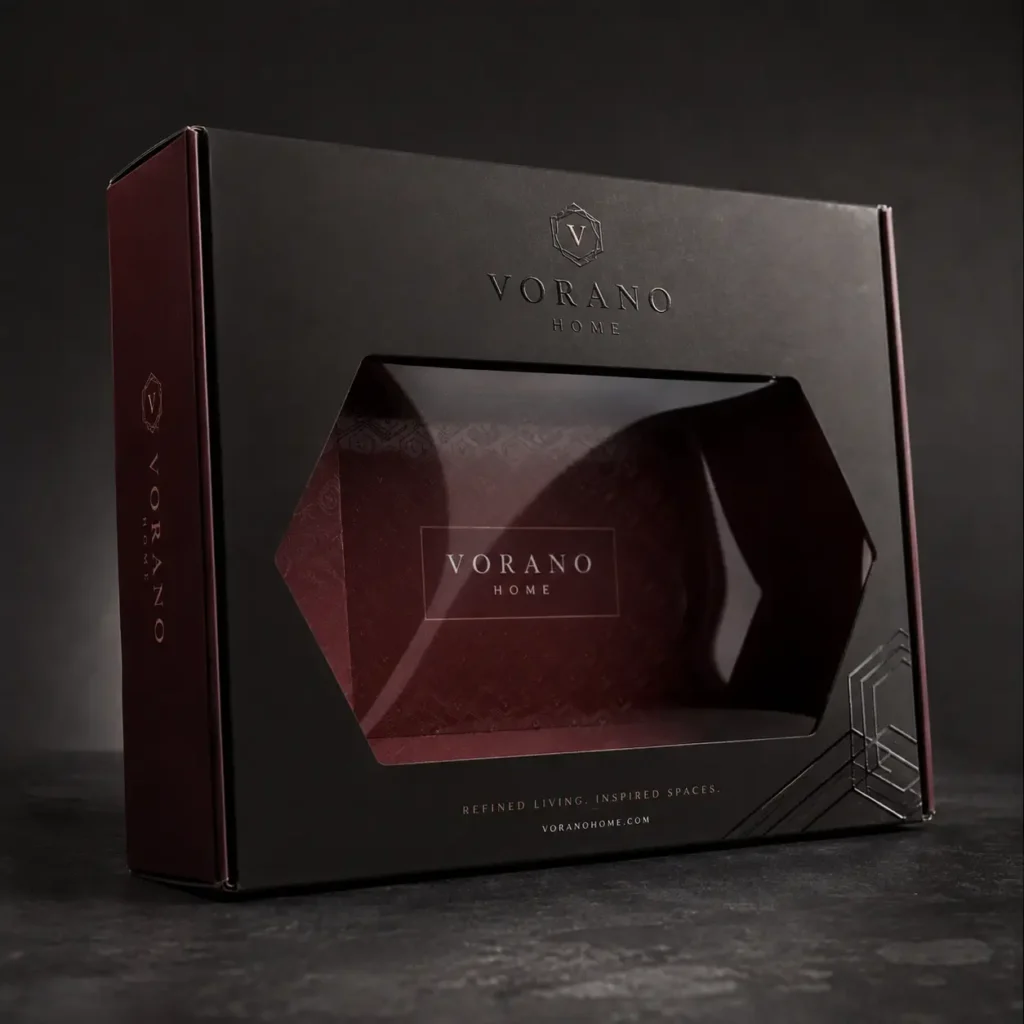 Vorano Home luxury black and burgundy gift box packaging with hexagonal window, elegant embossed logo, dark moody product display