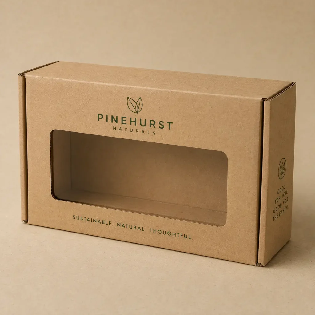 Kraft brown corrugated retail box with clear window and green Pinehurst Naturals logo, sustainable eco-friendly packaging design