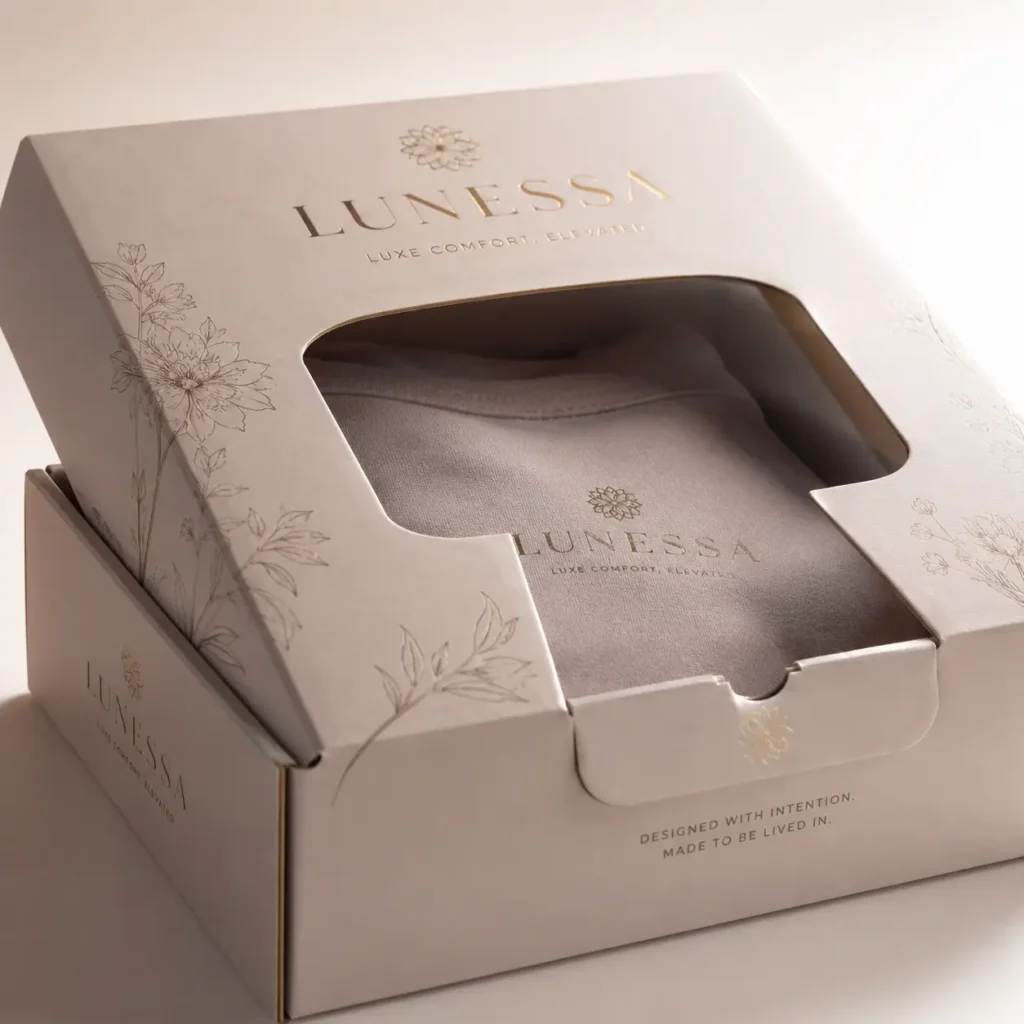 Lunessa luxury clothing gift box packaging with gold foil branding, floral design, and window cutout revealing folded fabric inside