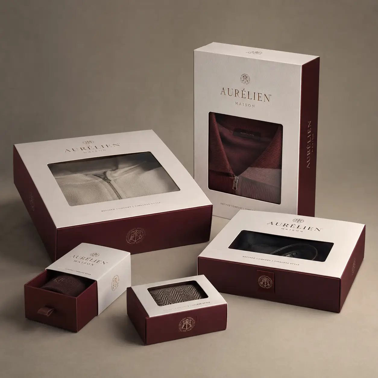 Aurélien Maison luxury gift boxes in burgundy and white with clear windows displaying folded garments and accessories