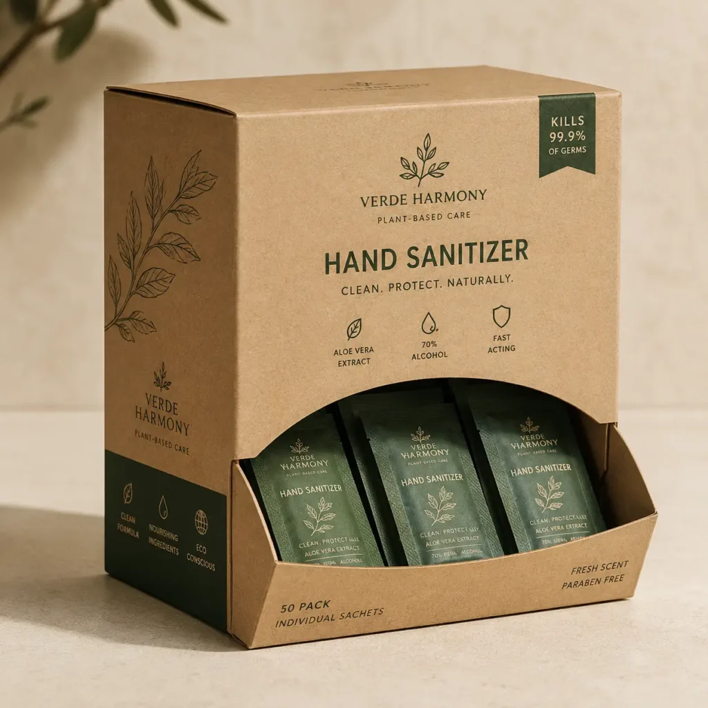 Verde Harmony plant-based hand sanitizer 50-pack kraft brown display box with green sachets, aloe vera, eco-friendly packaging design
