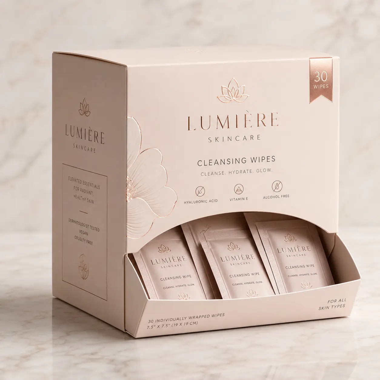 Lumière Skincare blush pink cleansing wipes luxury packaging box with 30 individually wrapped wipes, rose gold foil branding