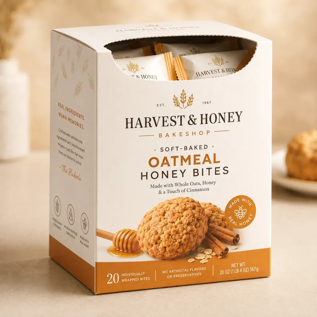Harvest & Honey Bakeshop soft-baked oatmeal honey bites box with 20 individually wrapped cookies, warm beige packaging design
