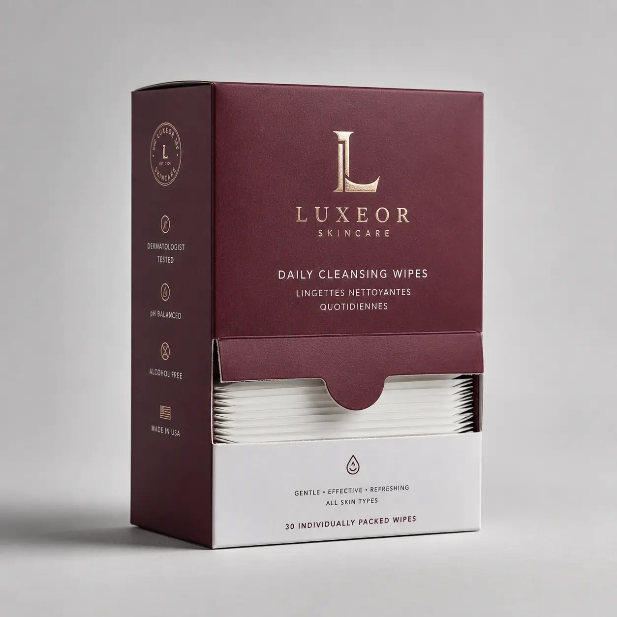 Luxeor Skincare burgundy gold foil daily cleansing wipes luxury packaging box 30 individually packed wipes premium skincare branding
