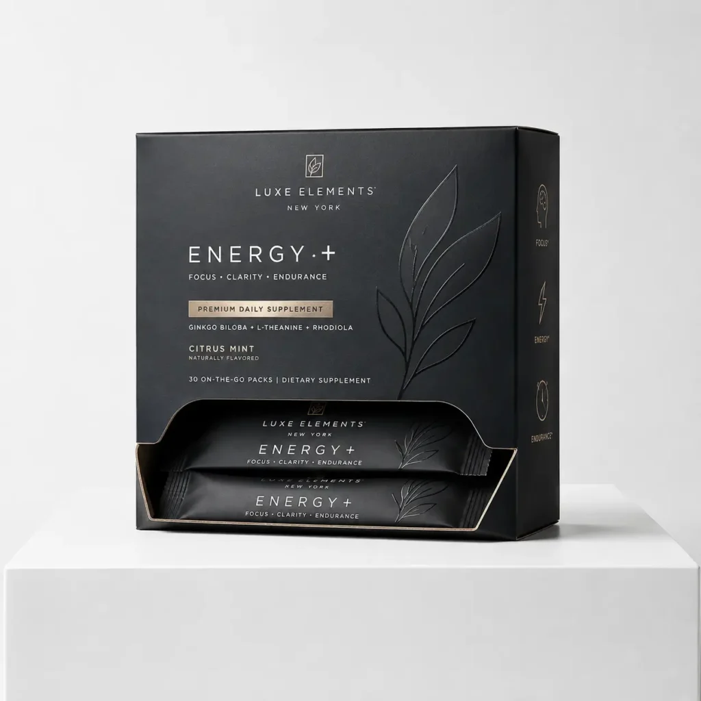 Luxe Elements New York Energy+ supplement box in matte black gold, 30 citrus mint stick packs, premium packaging design