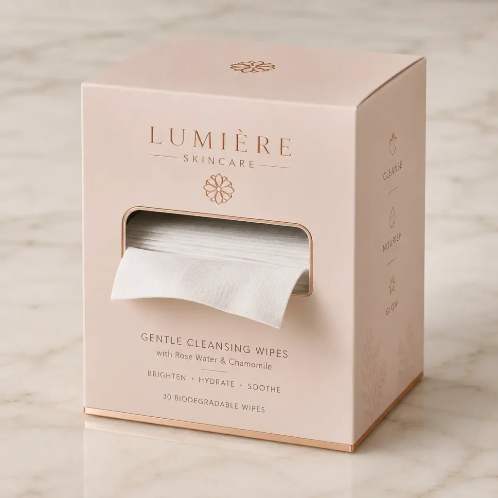 Lumière Skincare blush pink luxury cleansing wipes box with rose gold foil text on marble surface, premium cosmetic packaging design