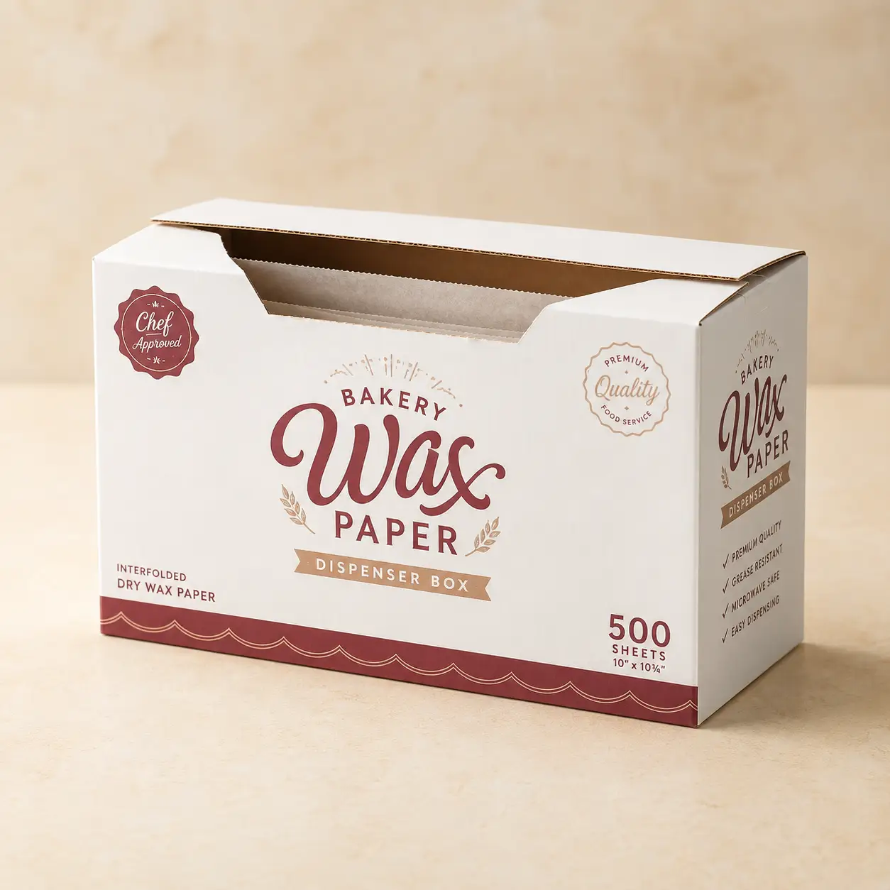 White bakery wax paper dispenser box, 500 sheets, chef-approved premium quality food service packaging, red and gold design
