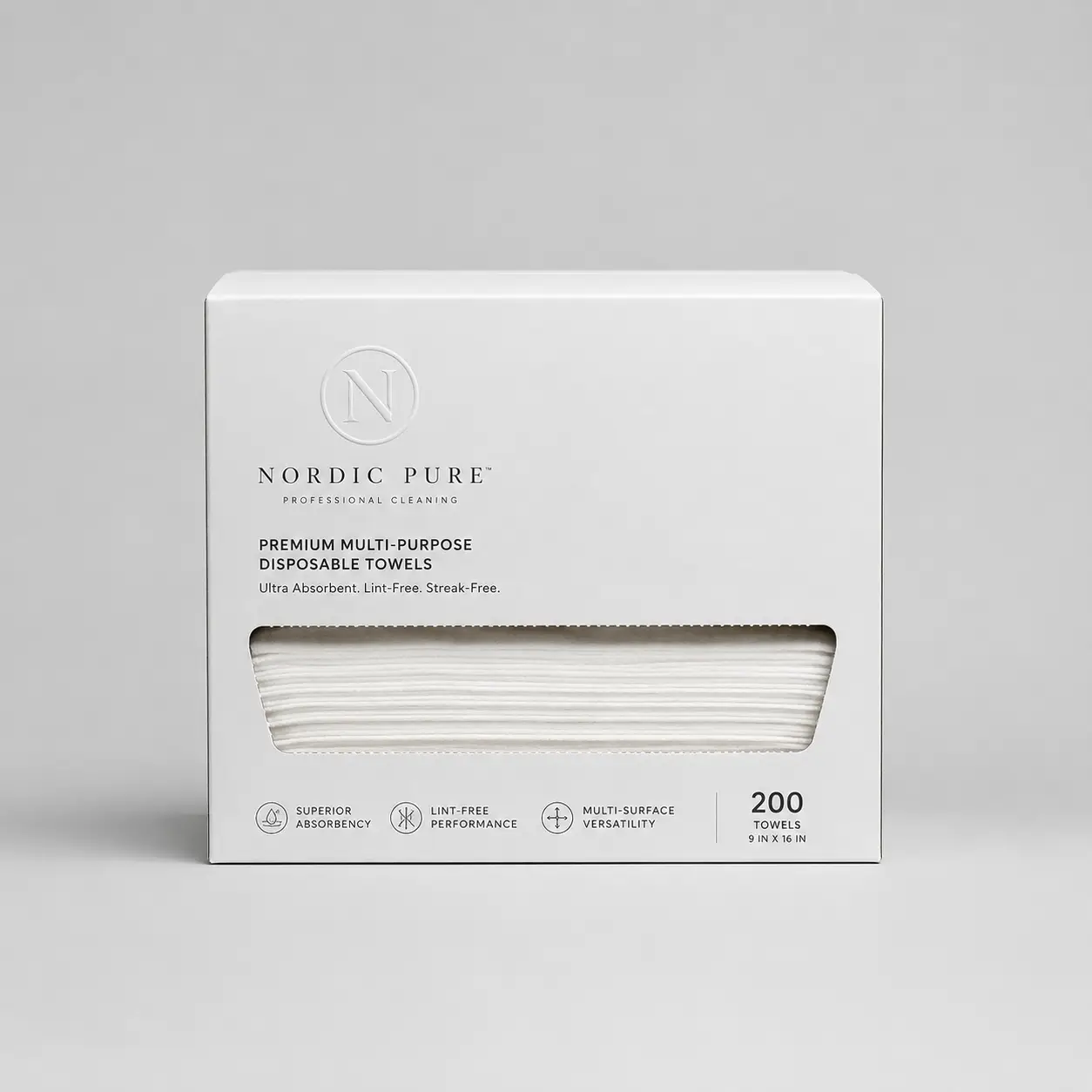 Nordic Pure Premium Multi-Purpose Disposable Towels white box packaging, 200 lint-free towels, minimalist professional design