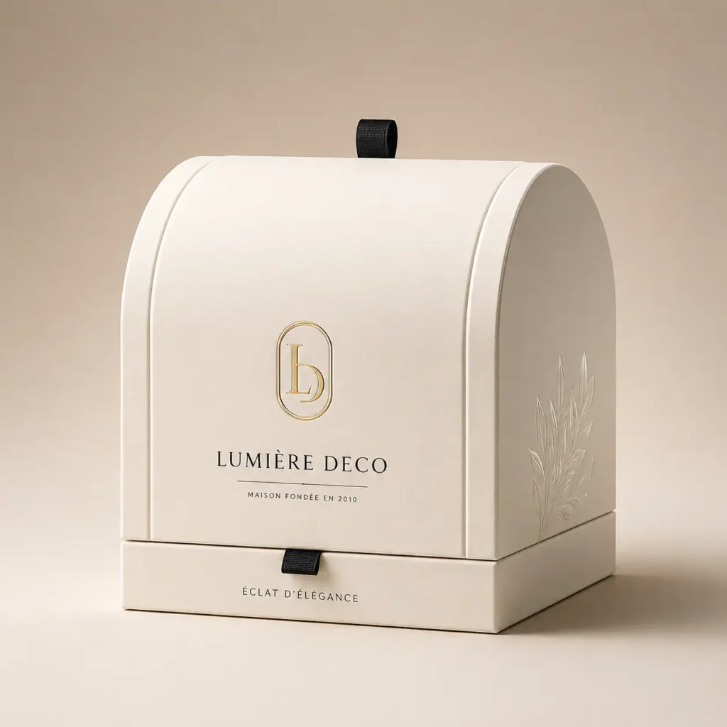 Luxury cream arch-shaped gift box with gold Lumière Deco monogram logo, black ribbon pulls, embossed floral detail, elegant packaging design