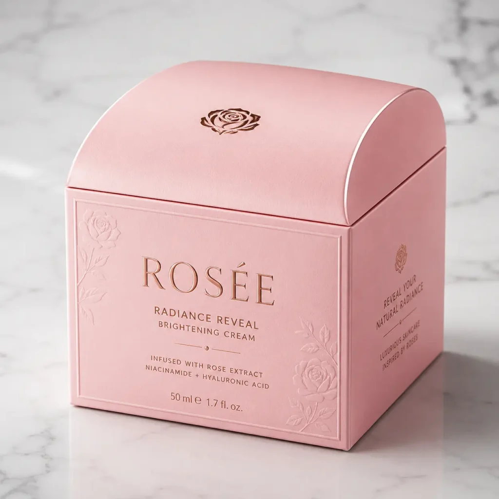 Rosée Radiance Reveal Brightening Cream luxury pink skincare box with gold rose embossing on marble surface