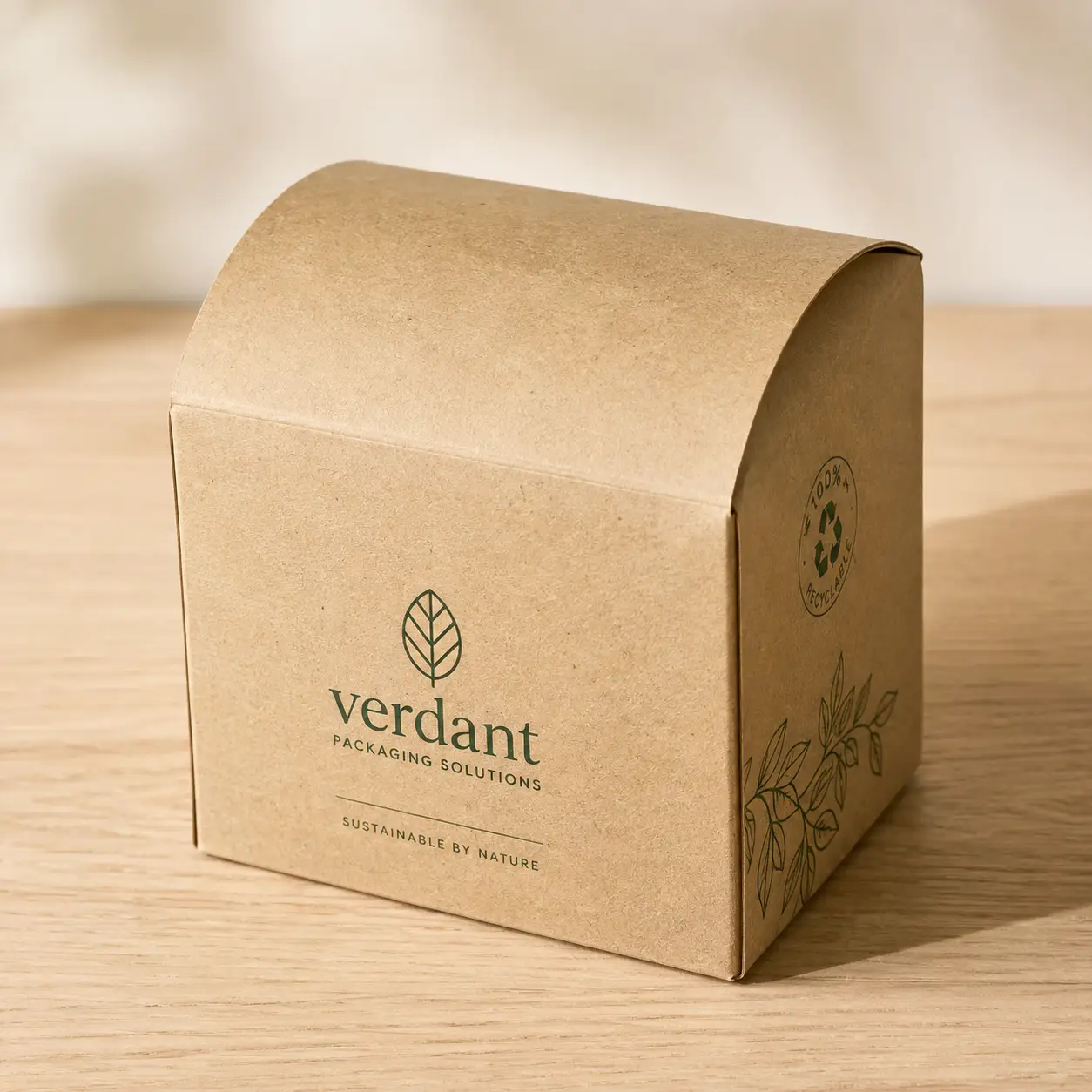 Kraft brown eco-friendly gift box with arched lid, Verdant green logo, 100% recyclable stamp, sustainable packaging on wood surface