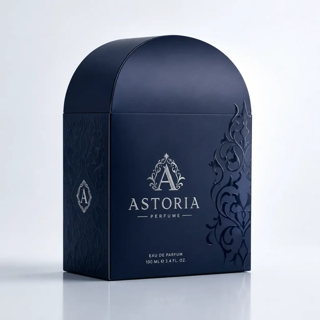 Navy blue luxury perfume box packaging for Astoria Eau de Parfum 100ml, silver embossed logo, arched dome lid, floral embossed details