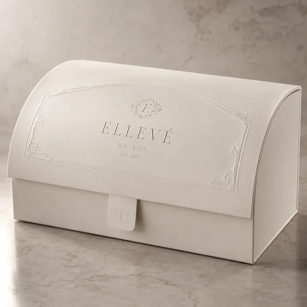 Elegant white luxury gift box with embossed Ellevé Maison branding on marble surface, premium custom packaging design
