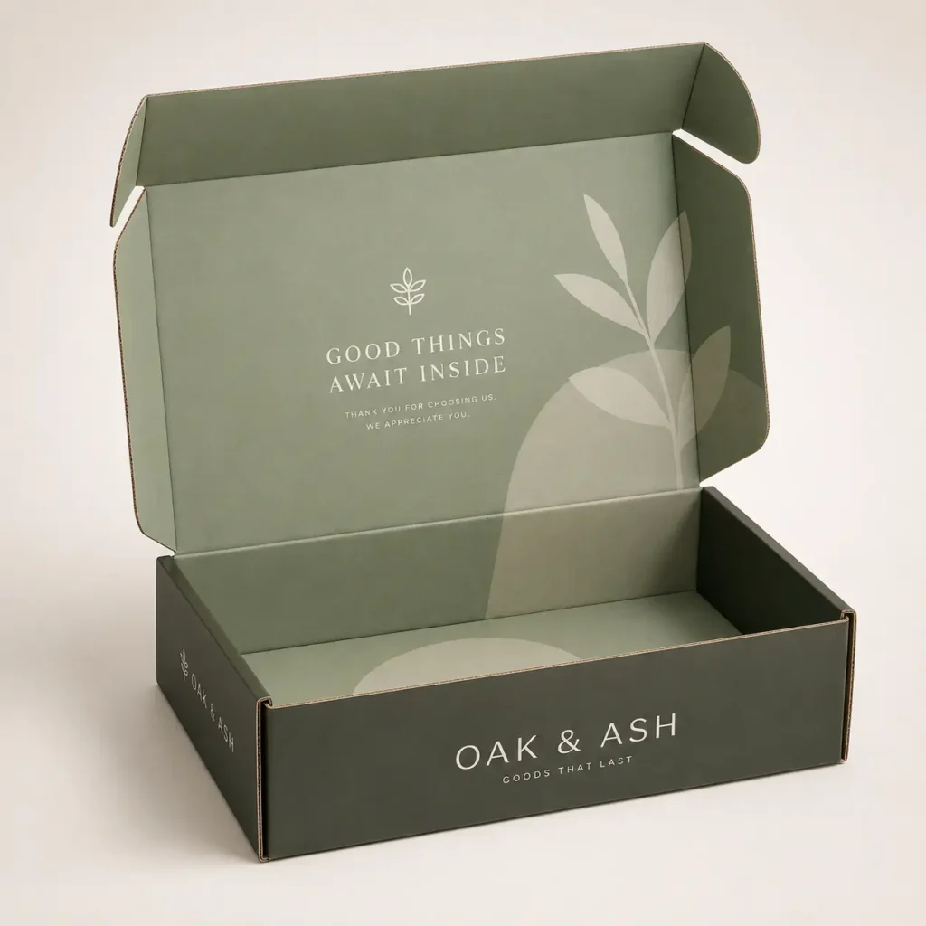 Dark olive green custom mailer box open revealing sage interior with Good Things Await Inside print and botanical leaf design for Oak & Ash brand
