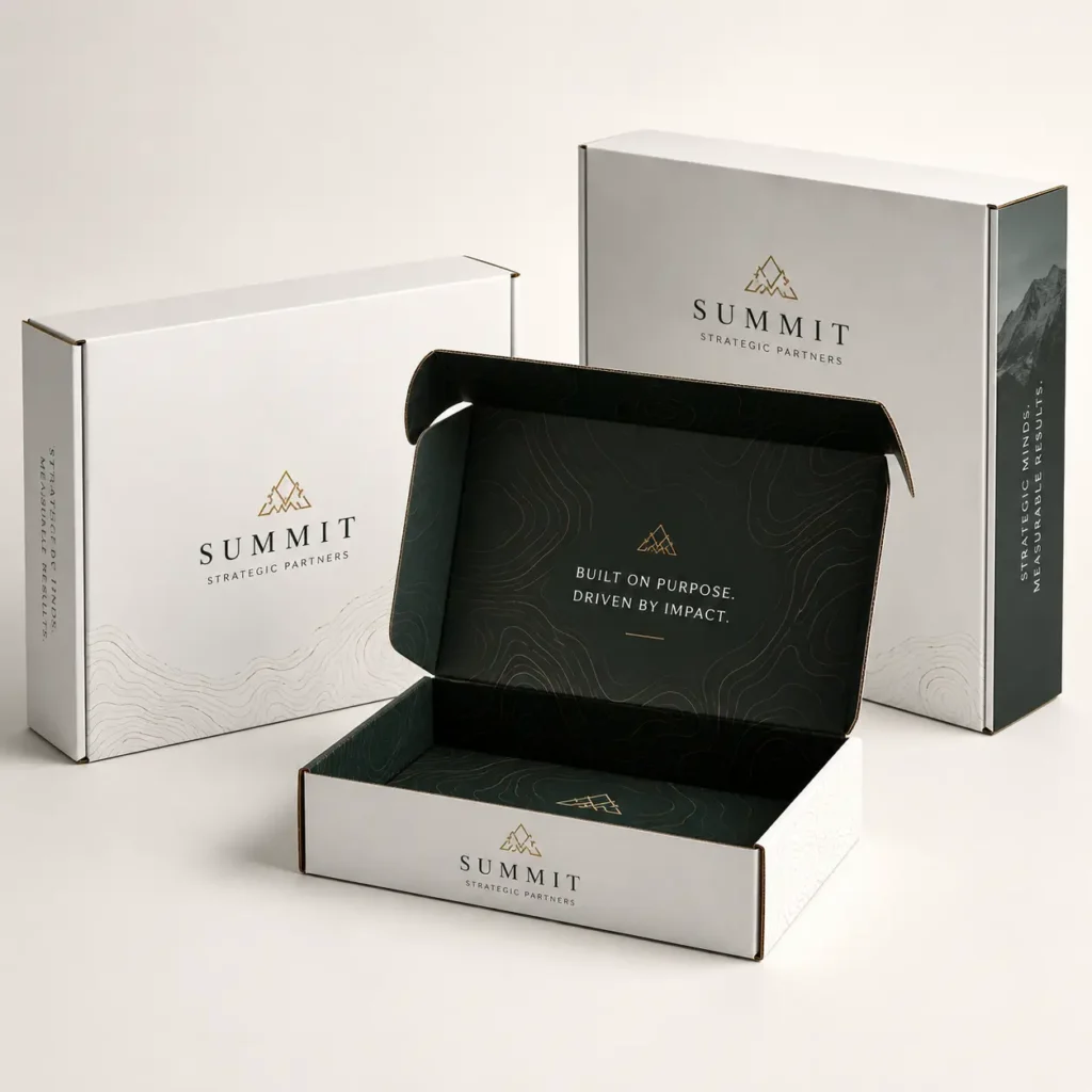 White luxury mailer boxes with gold Summit Strategic Partners logo and dark green topographic interior, premium custom packaging design