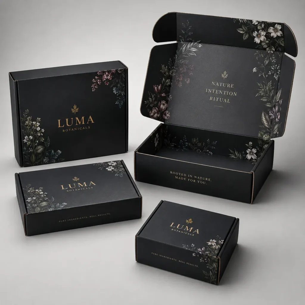Luma Botanicals luxury black mailer boxes with gold foil branding and dark floral prints, opened box revealing Nature Intention Ritual interior