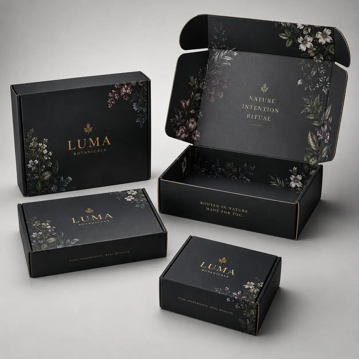 Luma Botanicals luxury black mailer boxes with gold foil branding and dark floral prints, opened box revealing Nature Intention Ritual interior