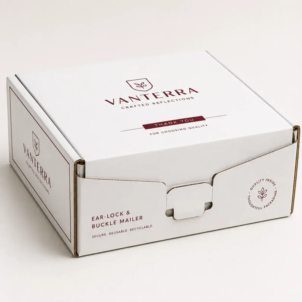 White Vanterra branded ear-lock buckle mailer box, secure reusable recyclable custom packaging, burgundy logo, clean minimal design