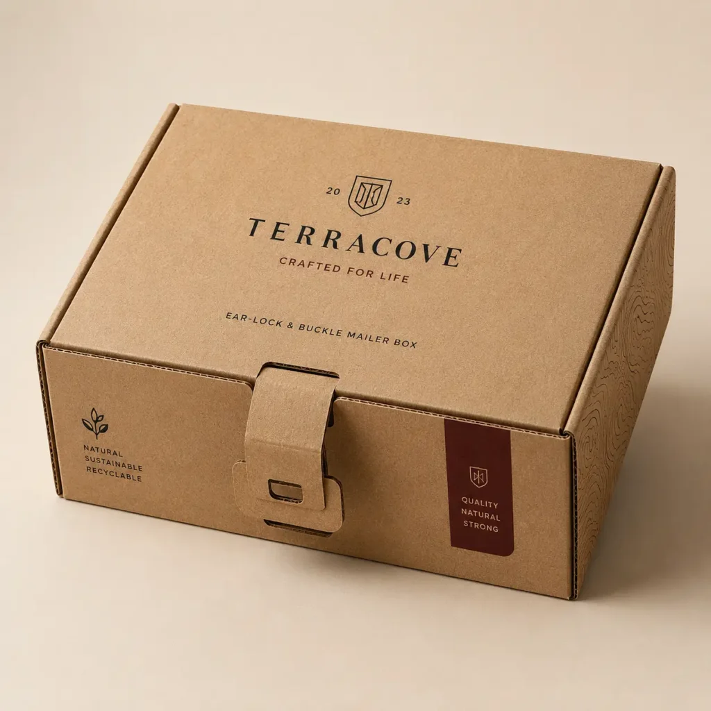 Kraft brown Terracove ear-lock buckle mailer box with dark red label, sustainable recyclable corrugated custom packaging solution