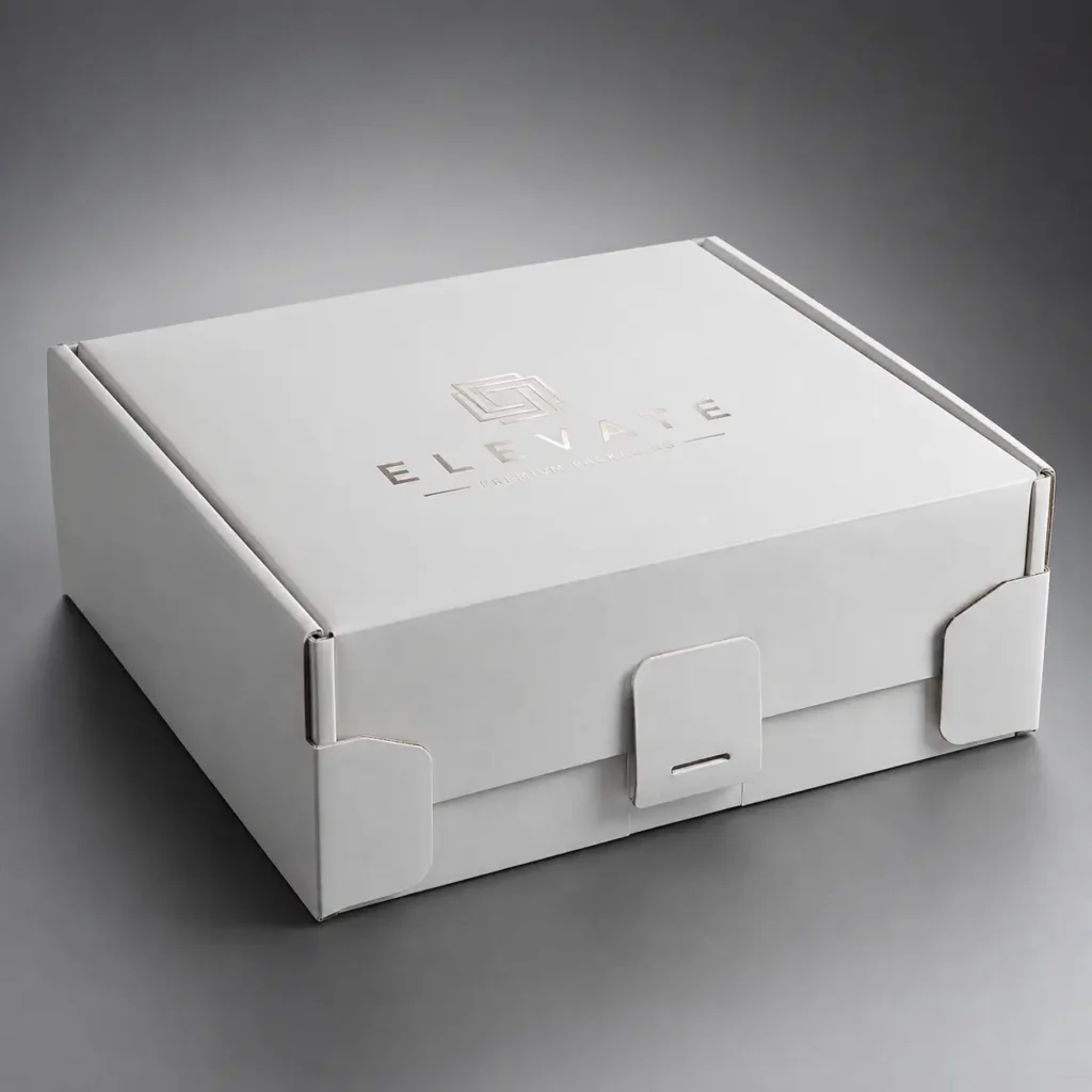 White luxury mailer box with silver foil logo, premium custom packaging design by The Packaging Masters, elegant unboxing experience