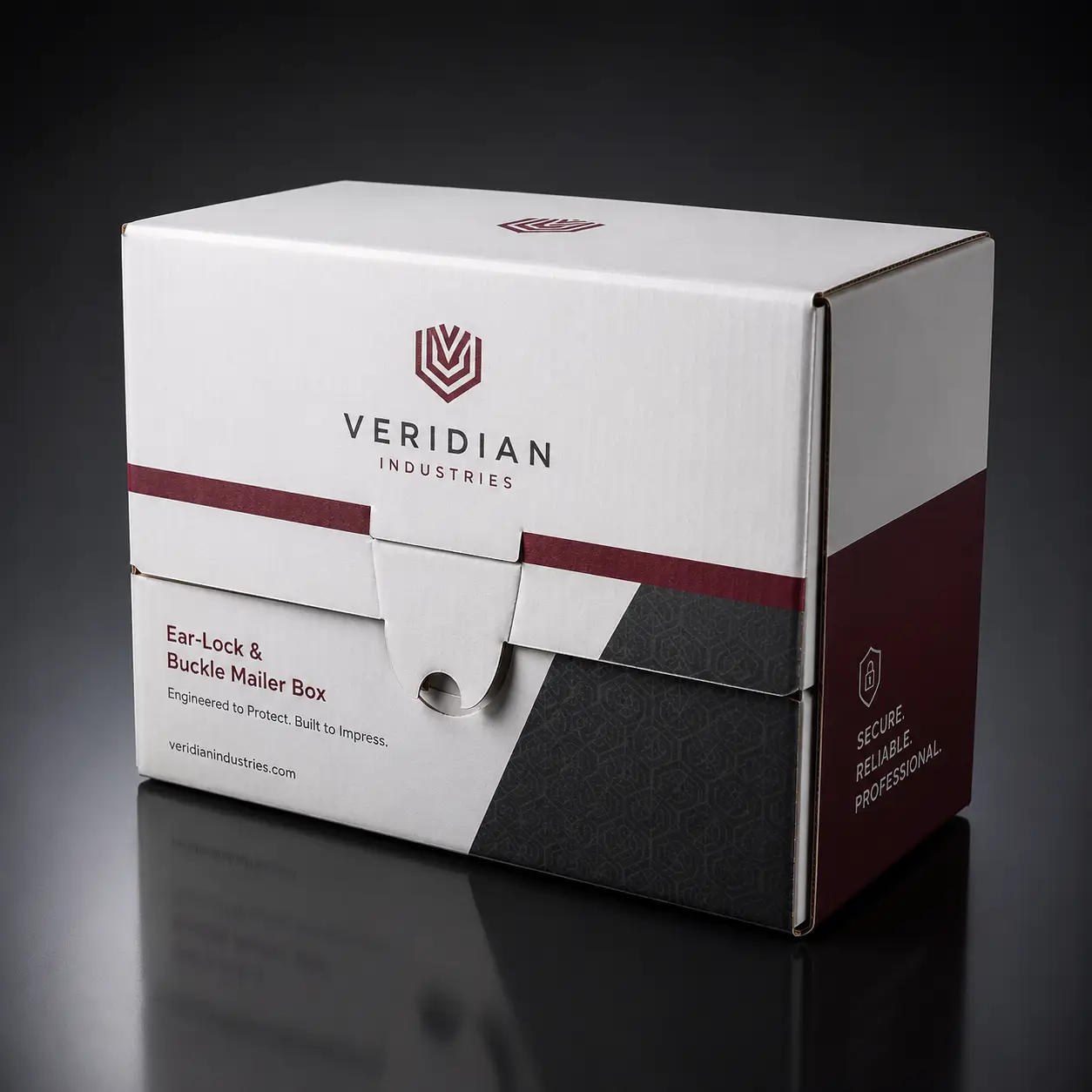 White and burgundy Veridian Industries ear-lock buckle mailer box with secure professional custom packaging design