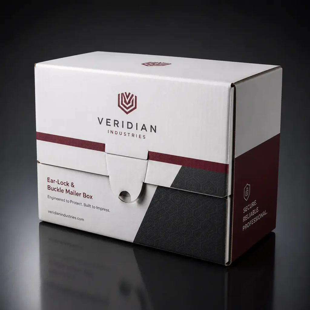 White Veridian Industries ear-lock buckle mailer box with burgundy accents on dark background, secure custom packaging design