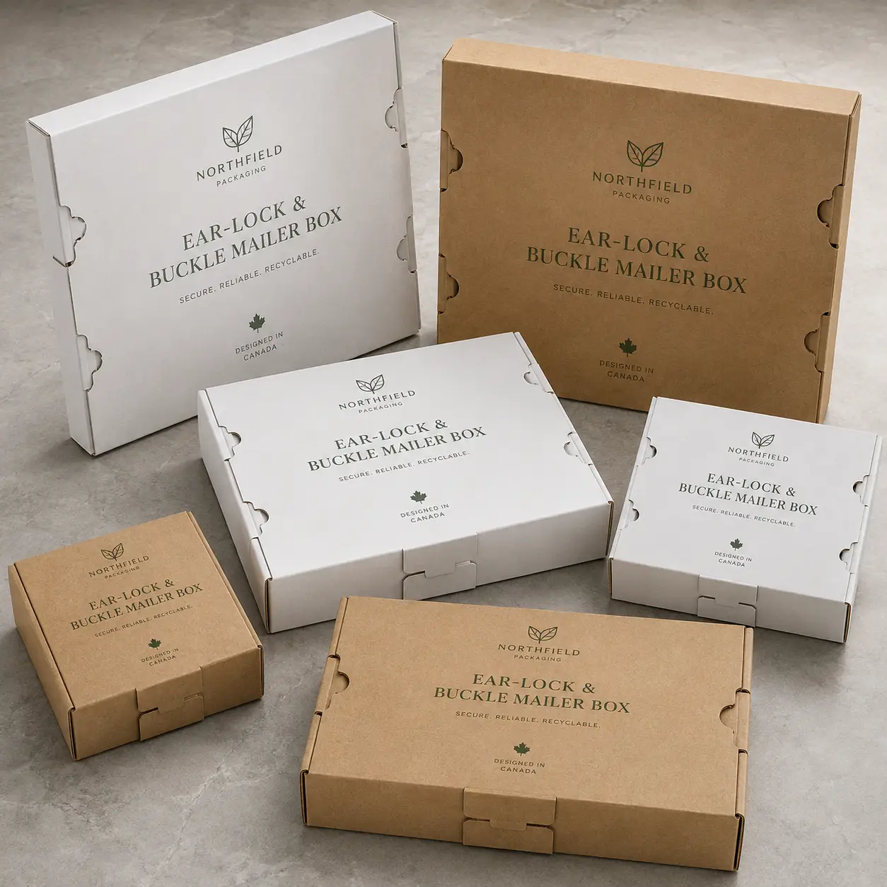 Northfield white and kraft brown ear-lock buckle mailer boxes in multiple sizes on gray surface, secure recyclable packaging