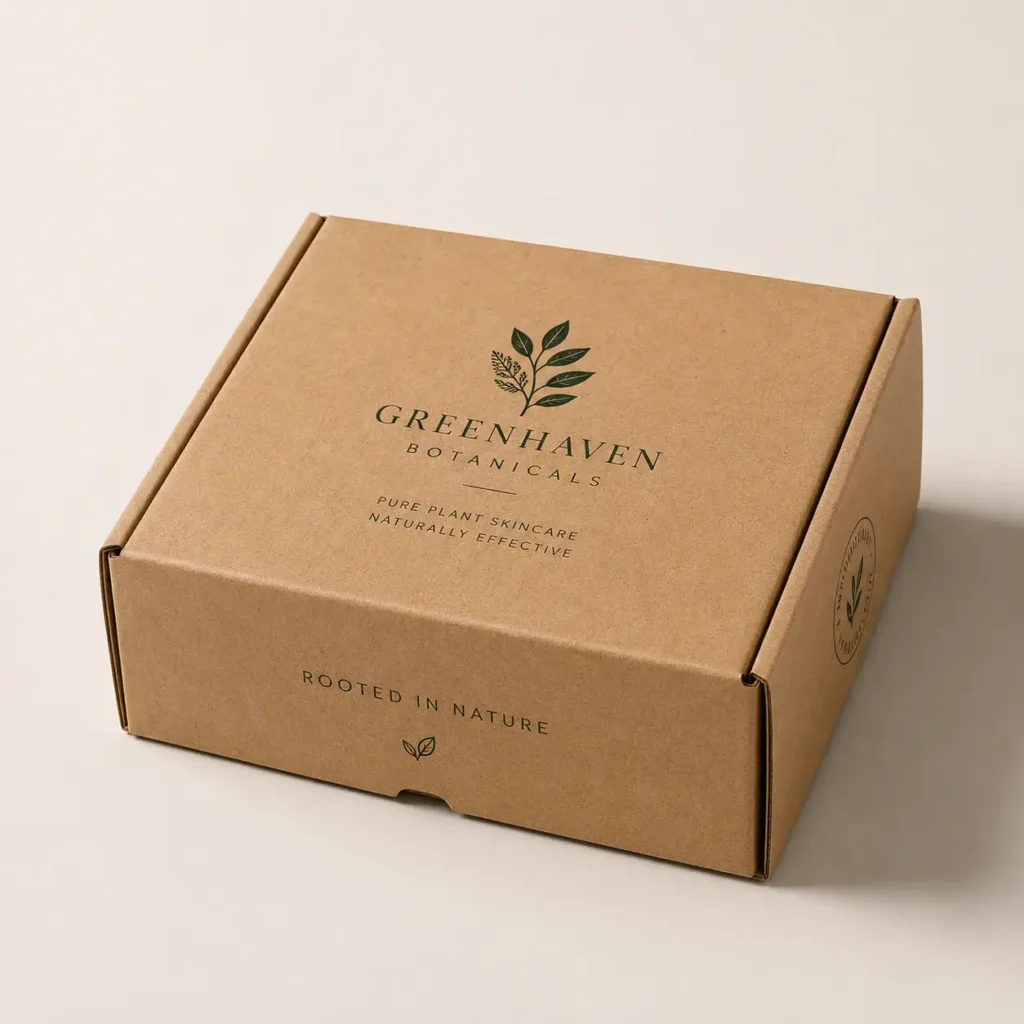 Kraft brown corrugated mailer box with dark green Greenhaven Botanicals plant skincare branding, rooted in nature, eco-friendly packaging