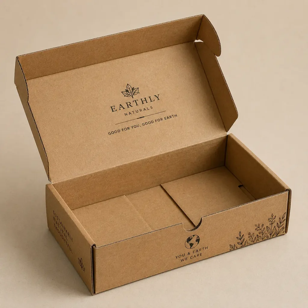 Kraft brown corrugated mailer box open lid displaying Earthly Naturals branding sustainable eco-friendly custom packaging design