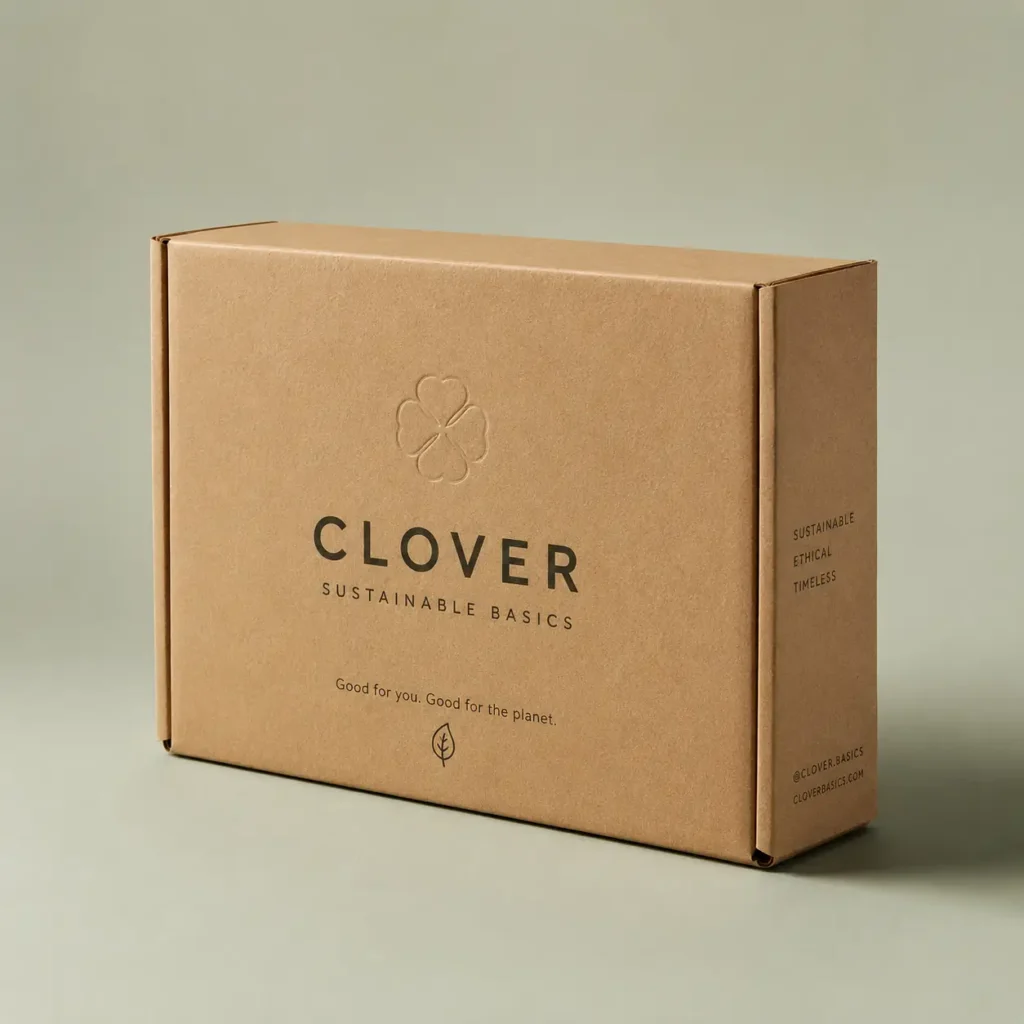 Kraft cardboard mailer box with embossed clover logo, CLOVER SUSTAINABLE BASICS branding, eco-friendly minimalist packaging design