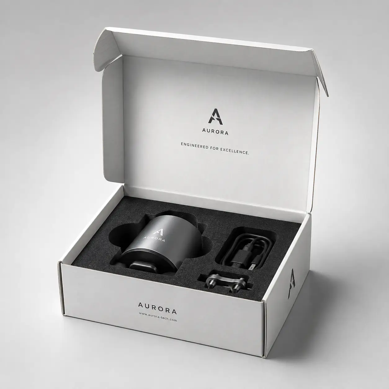 White Aurora tech product box open revealing gray cylindrical device, cable, and accessories in black foam insert