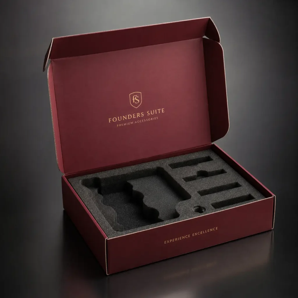Luxury burgundy mailer box with gold foil branding and custom black foam insert for premium product packaging by Founders Suite