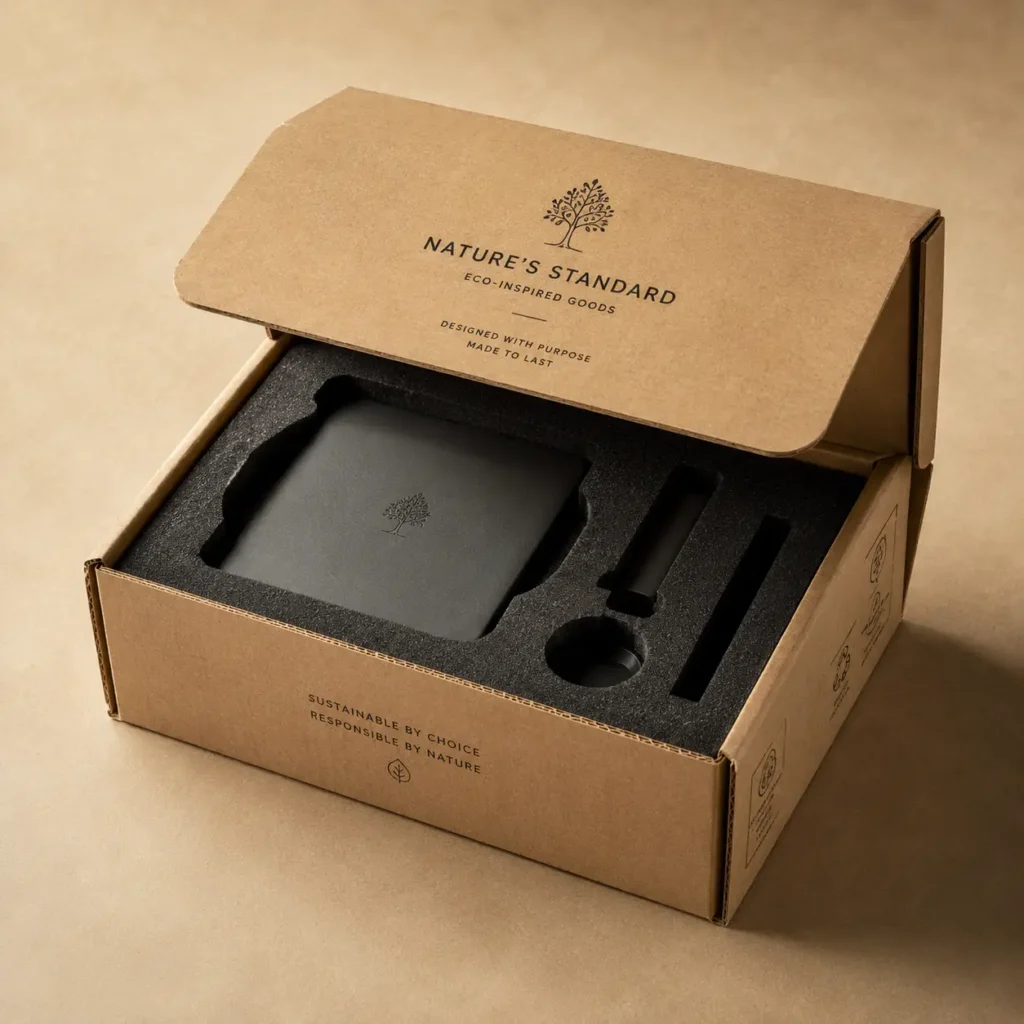 Kraft cardboard eco-friendly product packaging box with black foam insert, Nature's Standard sustainable branding, unboxing reveal