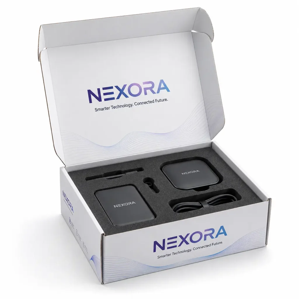 White Nexora tech product packaging box open revealing black foam insert with two smart devices and cable